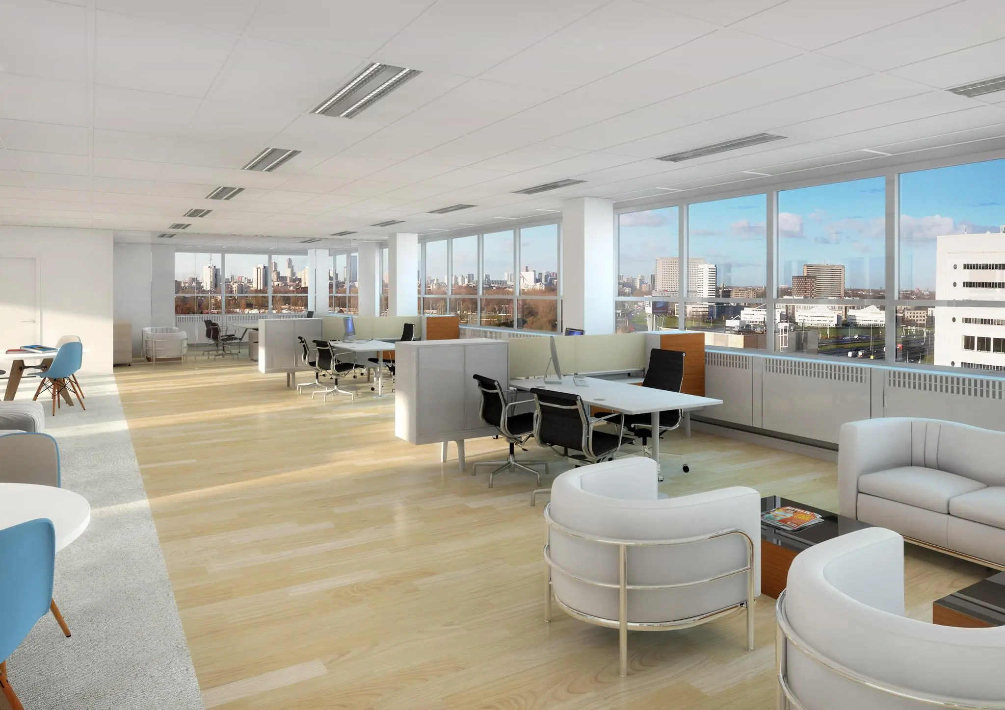 Modern en licht kantoorpand aan het Rivium Quadrant met open werkplekken en uitzicht op de stad.